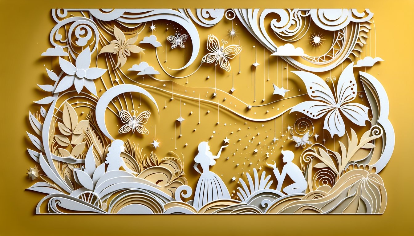 Paper art illustration for Winx Club character personality quiz on golden yellow background