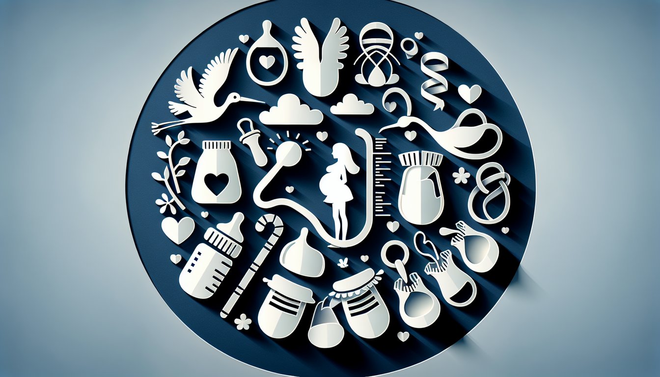 Paper art style illustration of a pregnant woman silhouette with quiz icons on dark blue background