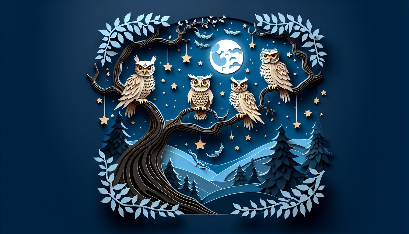 Paper art illustration for Harry Potter owls quiz on a dark blue background