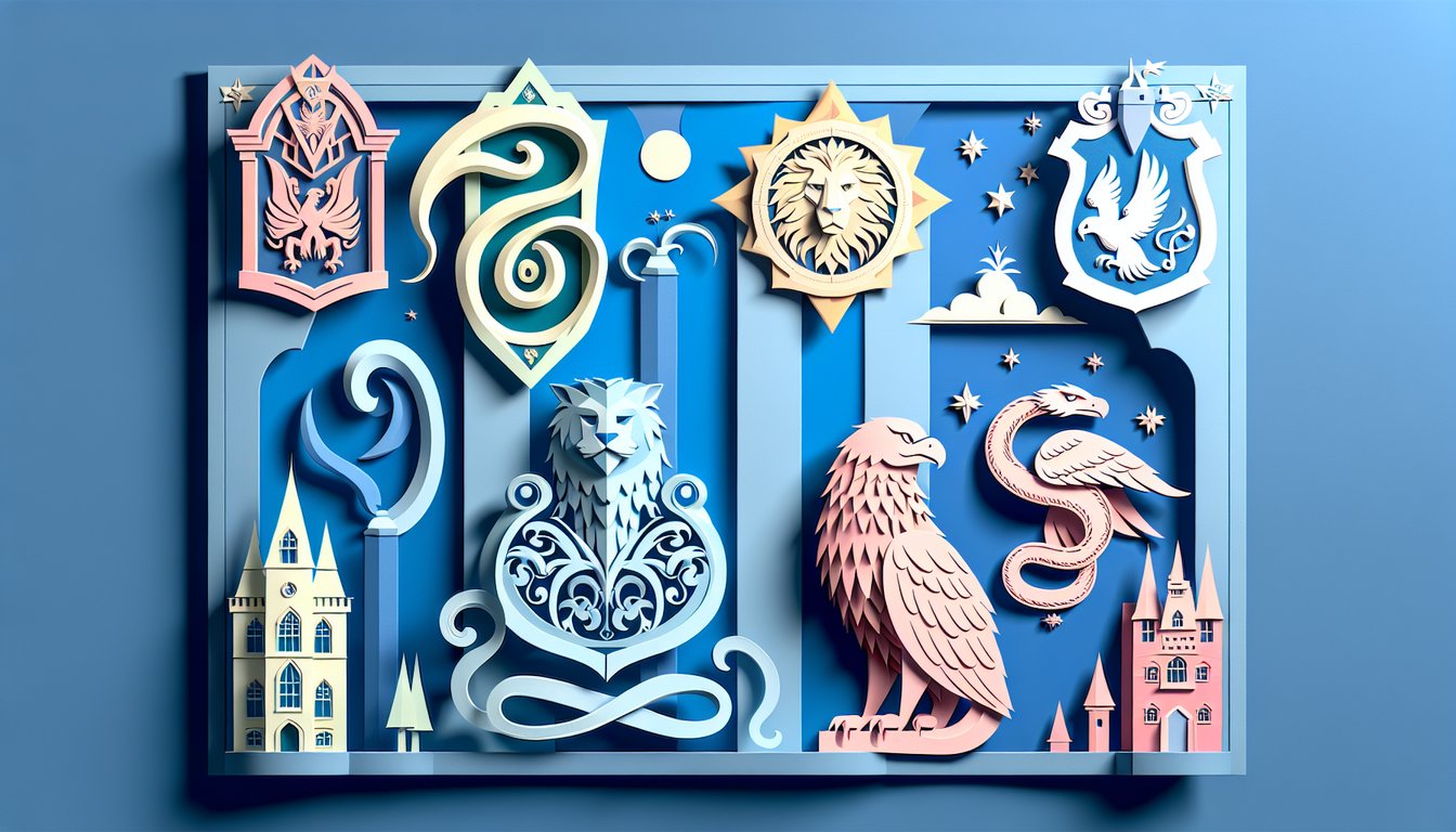 paper art Hogwarts house quiz elements featuring Sorting Hat book wand on sky blue background
