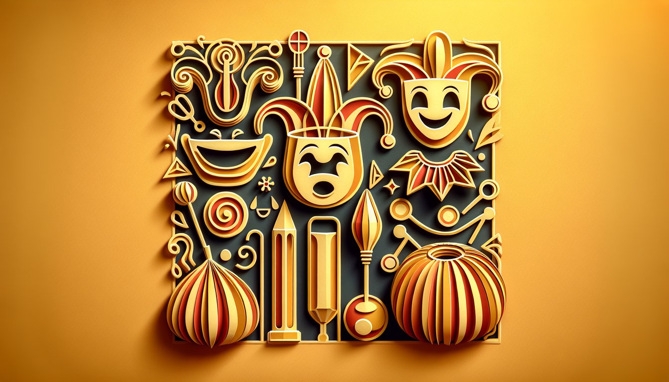 Paper art illustration for humor type quiz on a golden yellow background