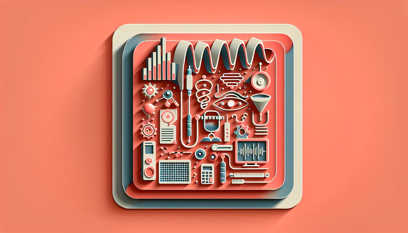 Paper art style ultrasound probe emitting waveforms next to floating letters units and symbols on coral background