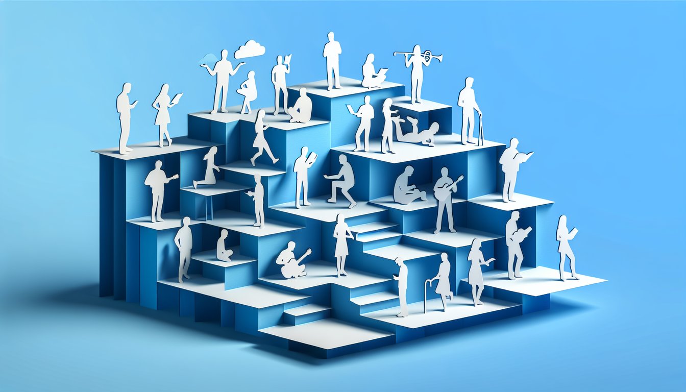 Paper art illustration of layered cutouts and abstract faces suggesting a personality quiz on a sky blue background