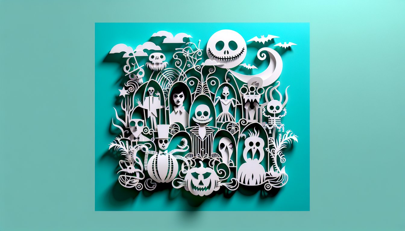 Paper art illustration for Beetlejuice character quiz on a teal background