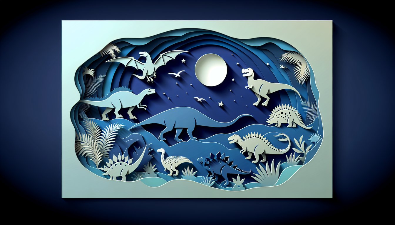 Paper art T-Rex and Stegosaurus on dark blue background with quiz title and question marks