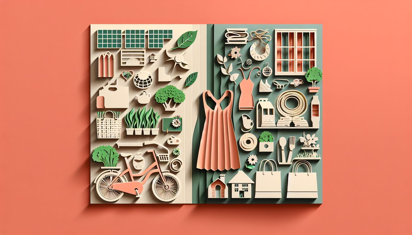 Paper style illustration with leafy eco mom symbols and smooth minimal shapes for silky mom on coral background