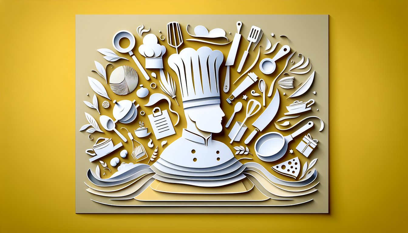 paper art illustration of renowned Japanese chef Seiji Yamamoto with sushi utensils quiz theme on golden yellow background