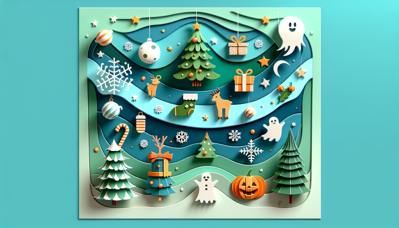 Paper cut holiday icons including jack o lantern, Christmas tree and gift on teal background inviting festive quiz