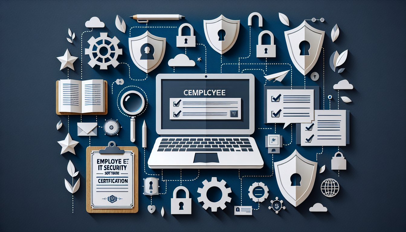 Colorful paper art depicting a quiz on Employee IT Security and Software Certification