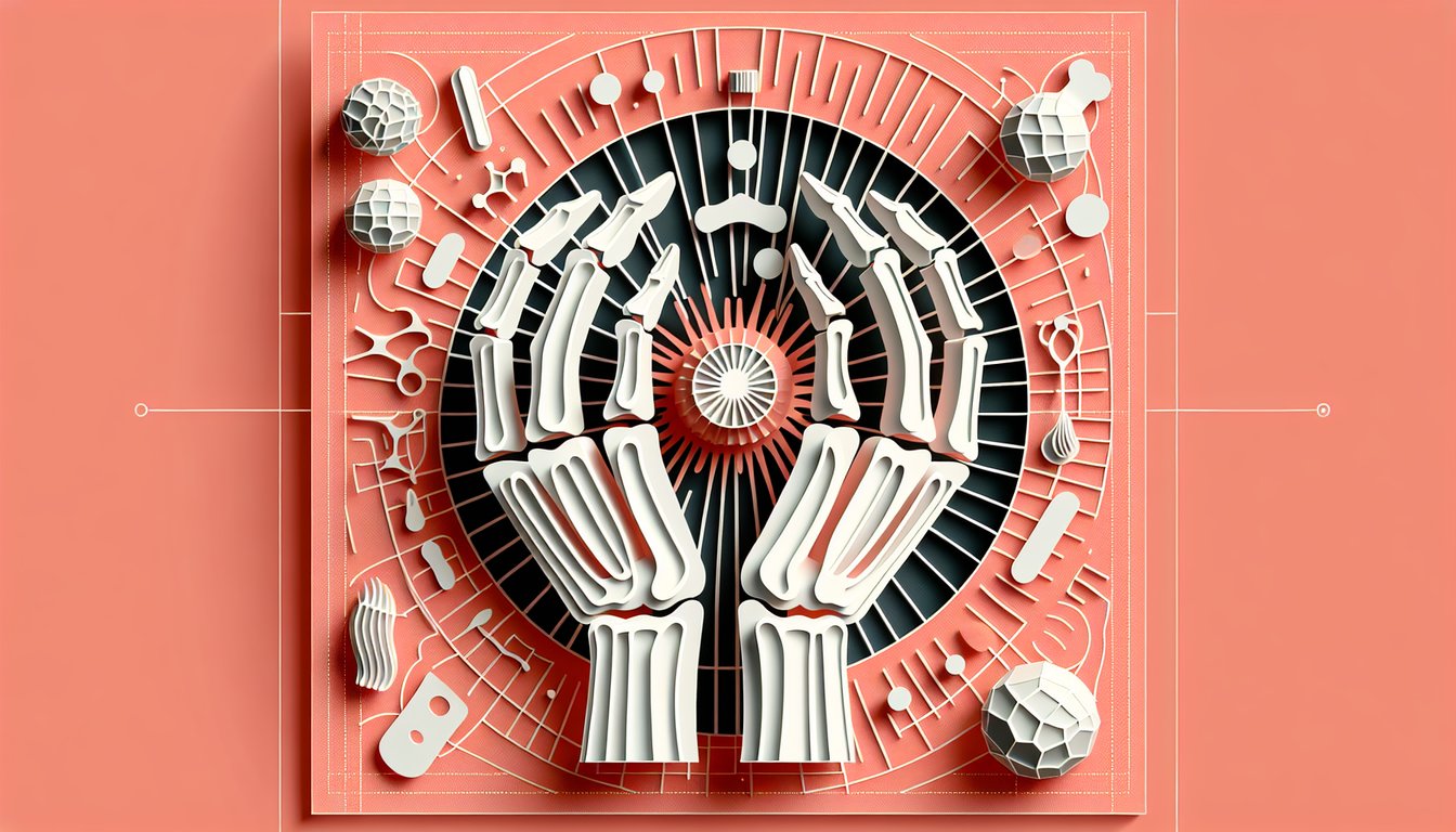 Paper art illustration for a bone markings quiz on a coral background