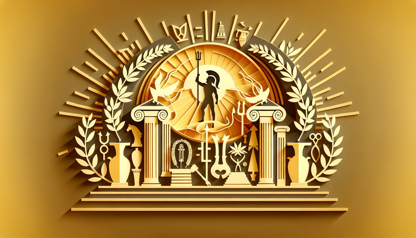 Paper art illustration for Greek alter ego personality quiz on a golden yellow background