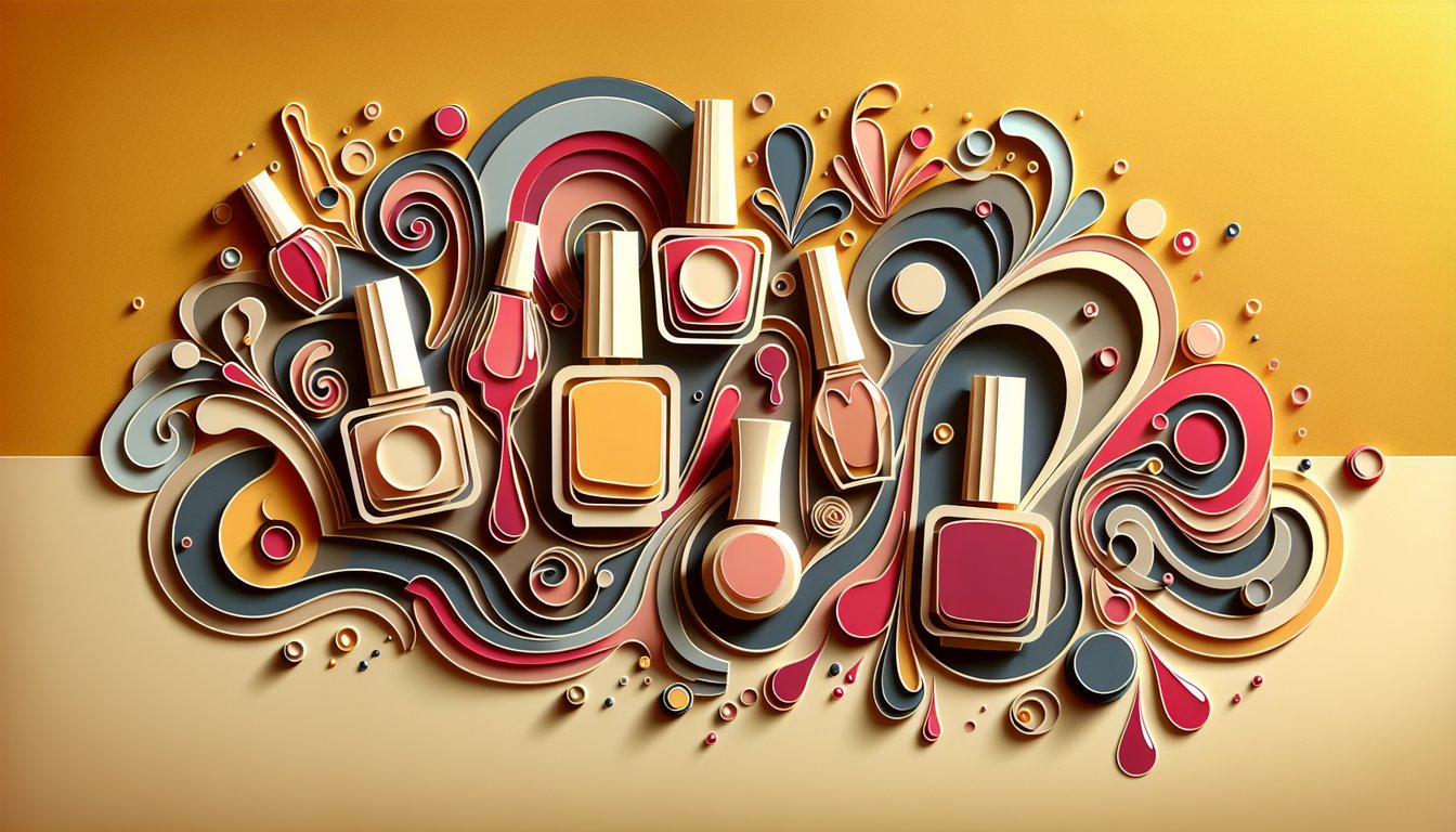 Paper art illustration for nail color quiz revealing style personality on a golden yellow background.