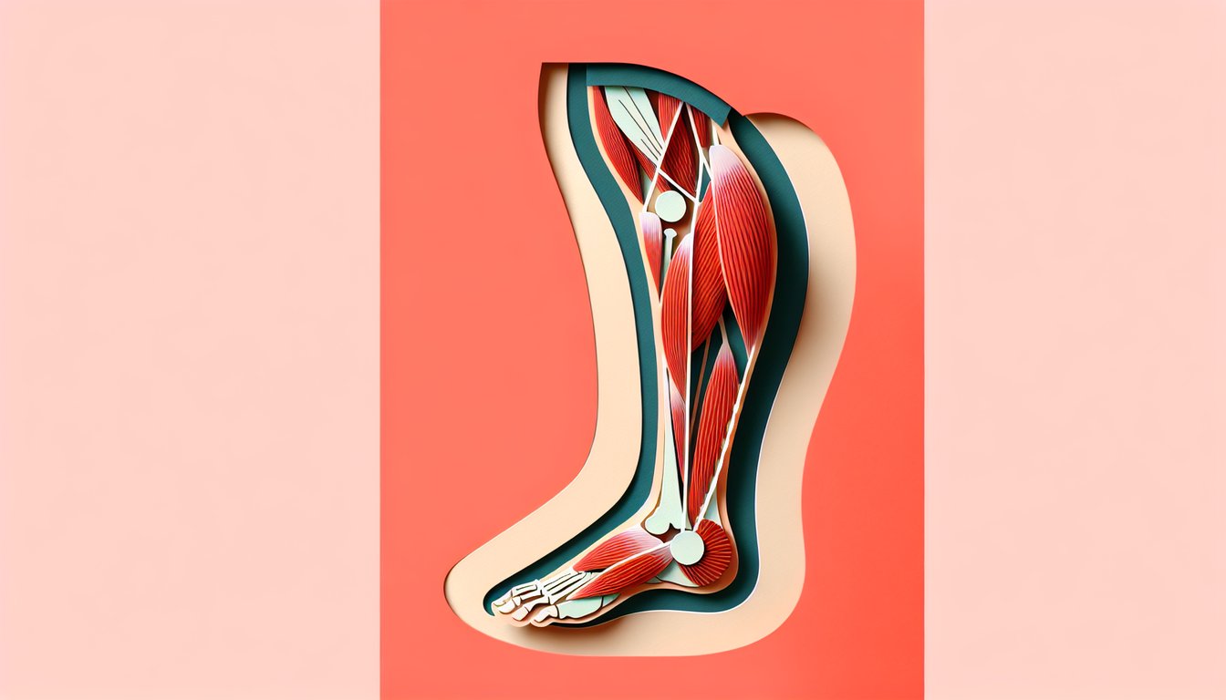 Paper art illustration for leg muscles quiz on a coral background