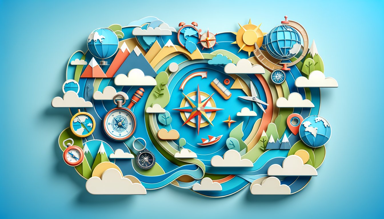 Paper art illustration for an online AP Human geography practice test quiz on a sky blue background