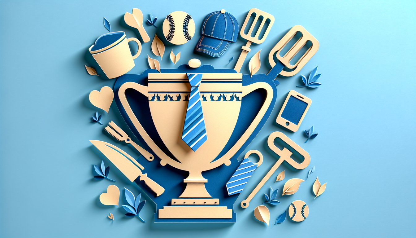 Paper art sky blue background with bold quiz title, play button, floating question marks, gift boxes, tie and mustache icons