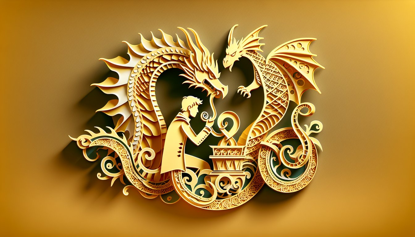 Paper art dragon silhouette with quiz callouts to uncover Pantala WOF dragon match on golden yellow background
