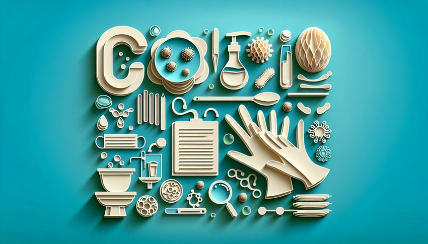 Paper art vegetables utensils germ icons for food safety quiz on hygiene and cross-contamination on teal background