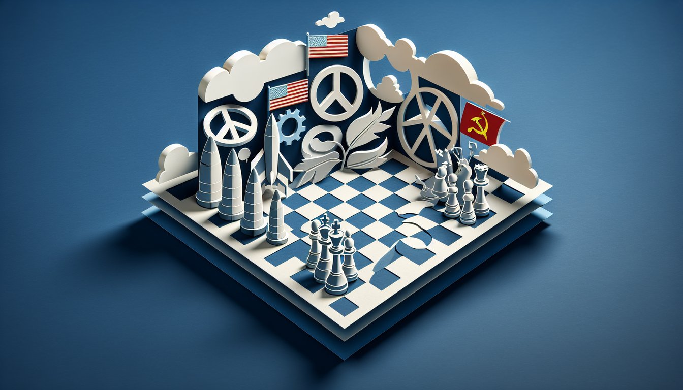 Paper art style collage of Cold War era icons dominos missiles divided map shapes and quiz title on dark blue background