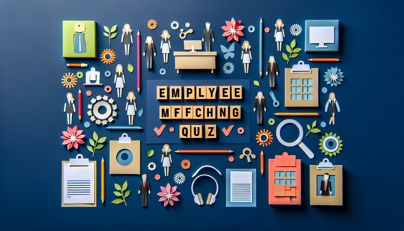 Colorful paper art depicting elements related to Employee Office Matching Quiz.