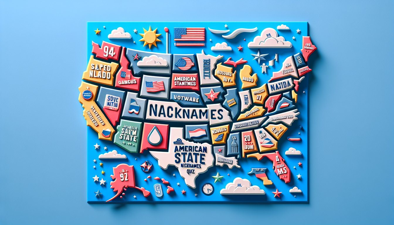 Paper art map of US states and playful quiz title on sky blue background