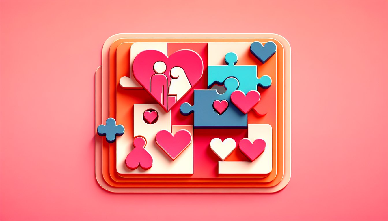 Paper art illustration of light skin guys on coral background promoting free quiz to find your perfect match