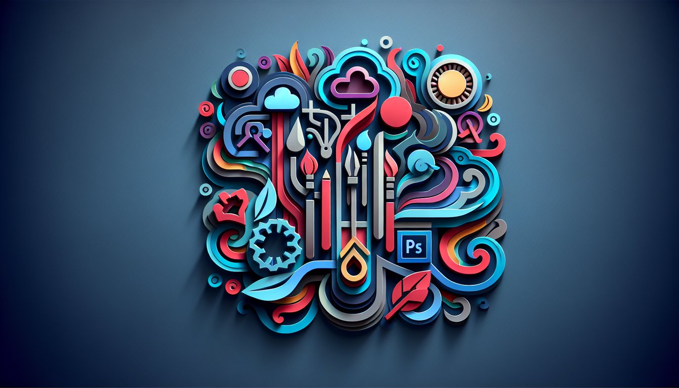 Paper art illustration showing Photoshop tool icons adjustment layers on dark blue background inviting quiz challenge