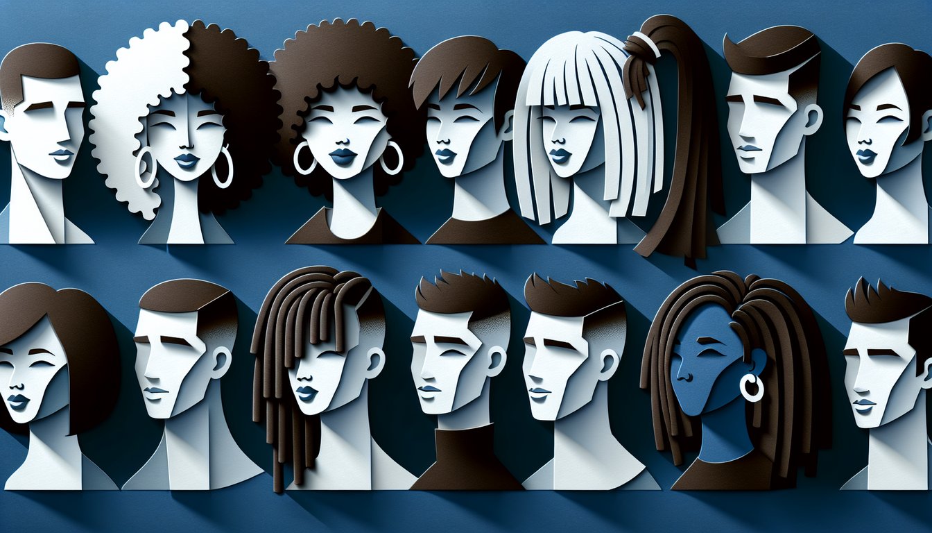 Paper art illustration for a hairstyle quiz on a dark blue background