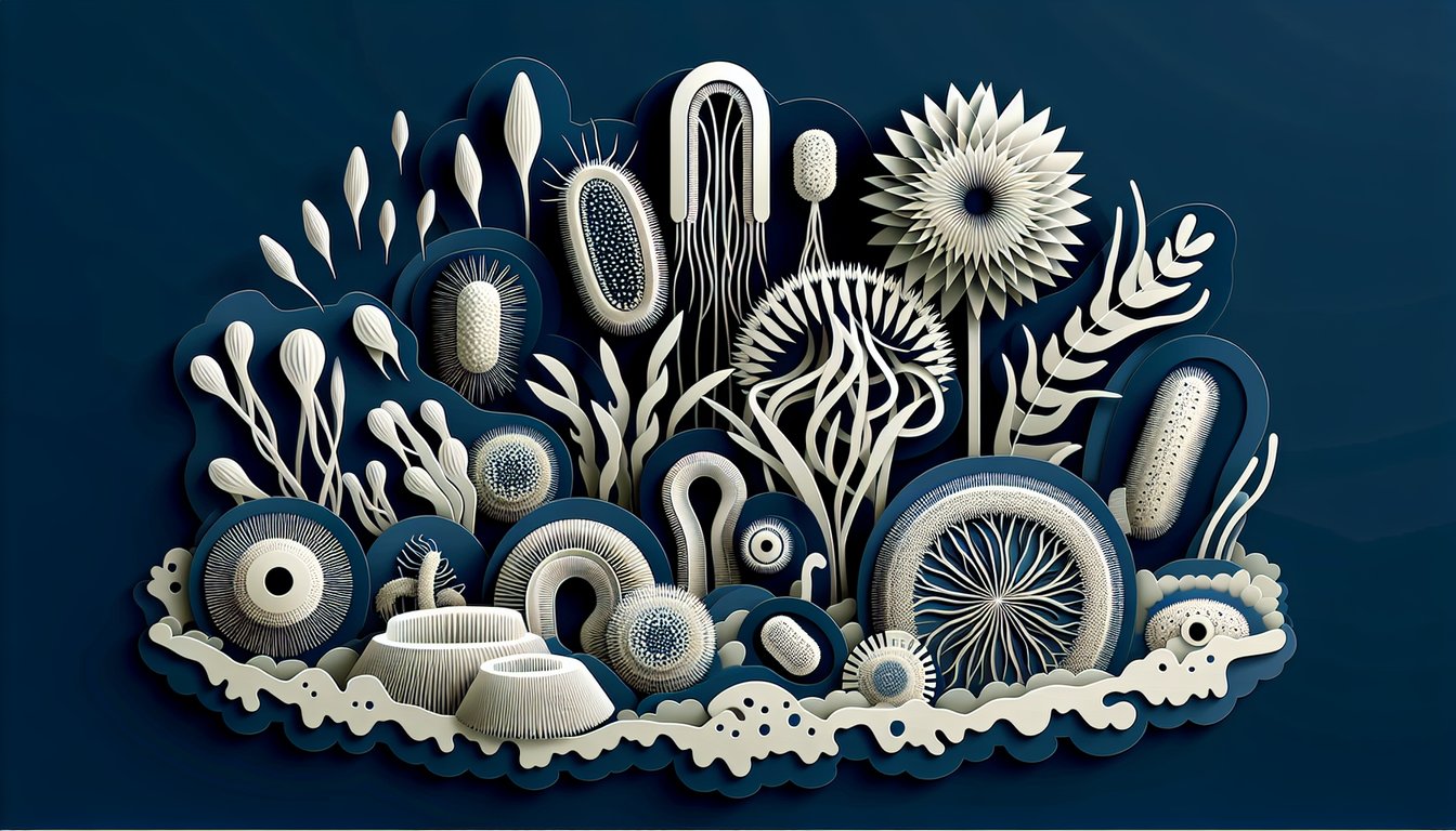 Paper art illustration of protist with cilia and fungus-like forms on dark blue background