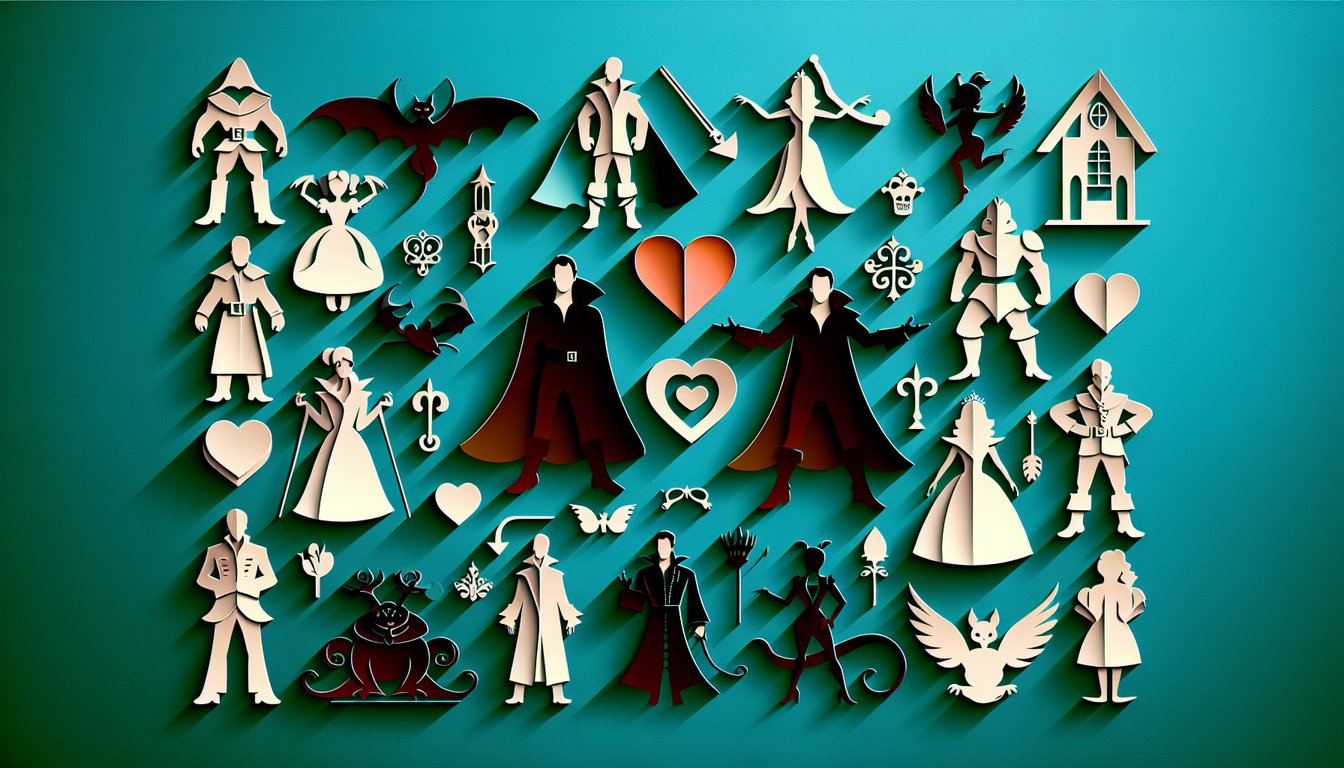 Paper art collage of crowns swords magic wands scrolls hearts and potions on teal background for OUAT character quiz