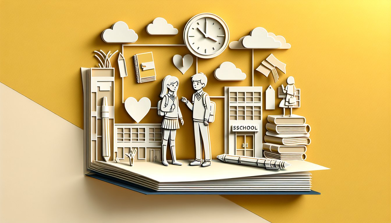 Paper art illustration for Does My Classmate Like Me Quiz on a golden yellow background