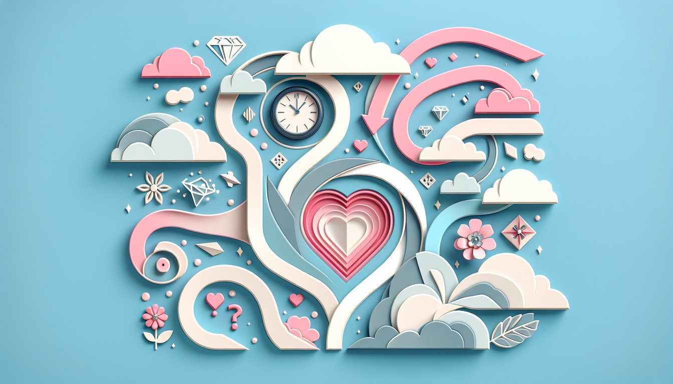 Paper art illustration for a marriage prediction quiz on a sky blue background.