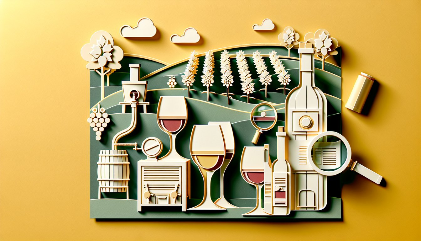 Paper art illustration for a WSET Level 2 wine knowledge quiz on a golden yellow background.