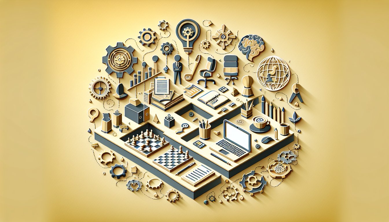 Paper art illustration of corporate jargon quiz with office icons charts pens on golden yellow background