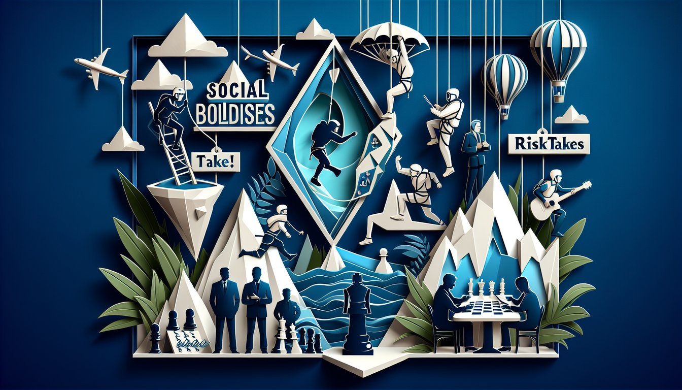 Paper art style scene of bold figure on cliff puzzle pieces lightbulb and arrow icons float on dark blue background