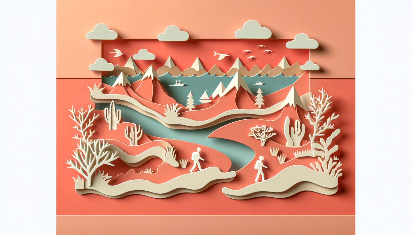 Paper art world map migration arrows compass book icons on coral background for AP Human Geography quiz