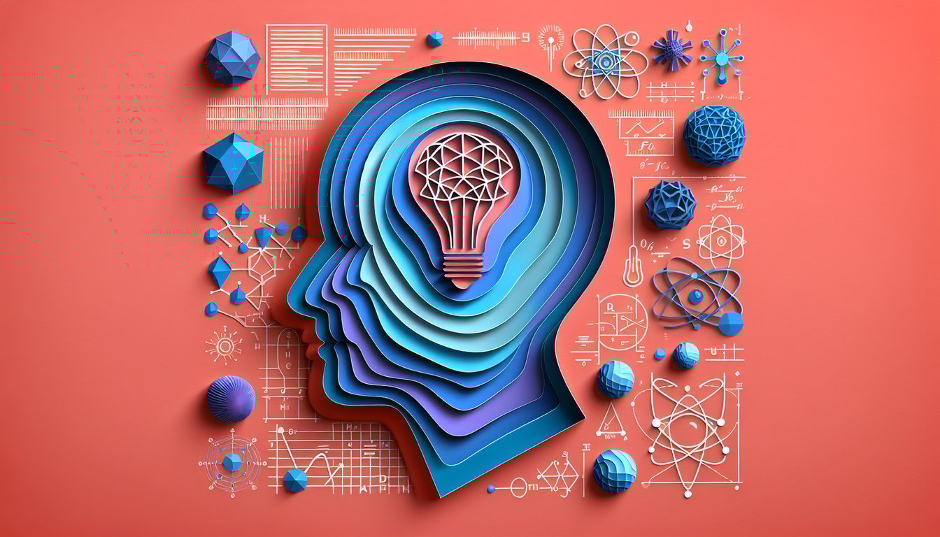 Paper art illustration representing Albert Einstein IQ quiz on a coral background