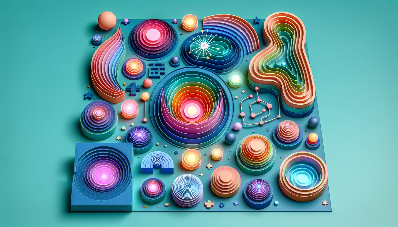 Paper art style layered aura shapes in rainbow hues around quiz title Whats My Aura on teal backdrop.