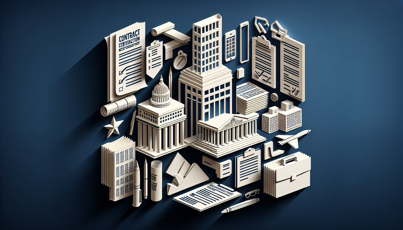 Paper art illustration of federal contract management certification quiz elements on dark blue background