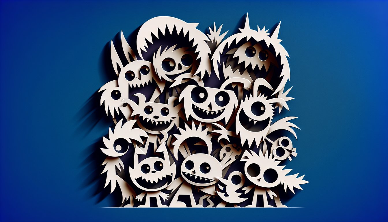 Paper art style quirky Happy Tree Friends characters on dark blue background promoting free character creator quiz