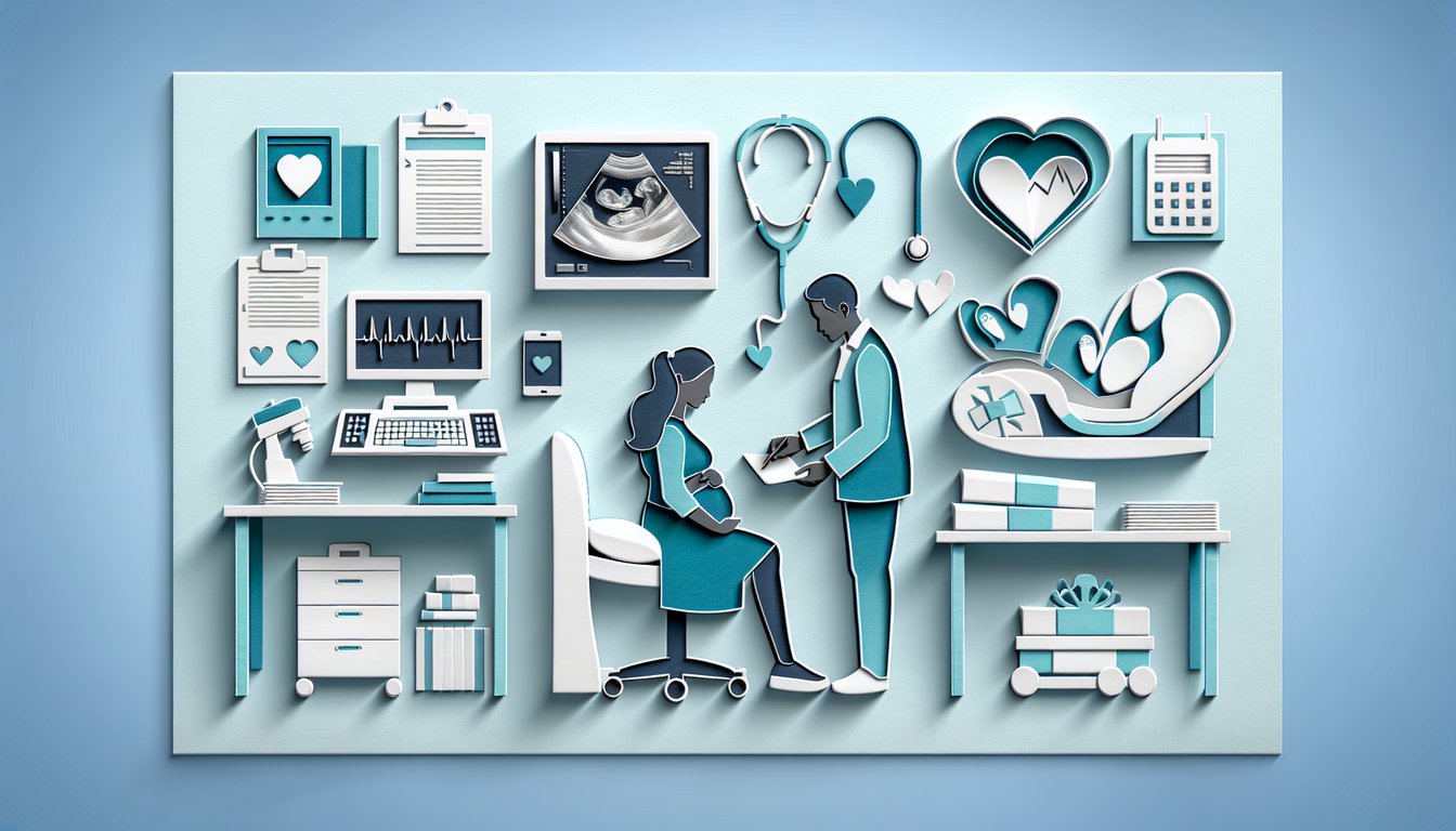 Paper art illustration showing pregnant patient provider tools drop heart quiz on bleeding in pregnancy sky blue background