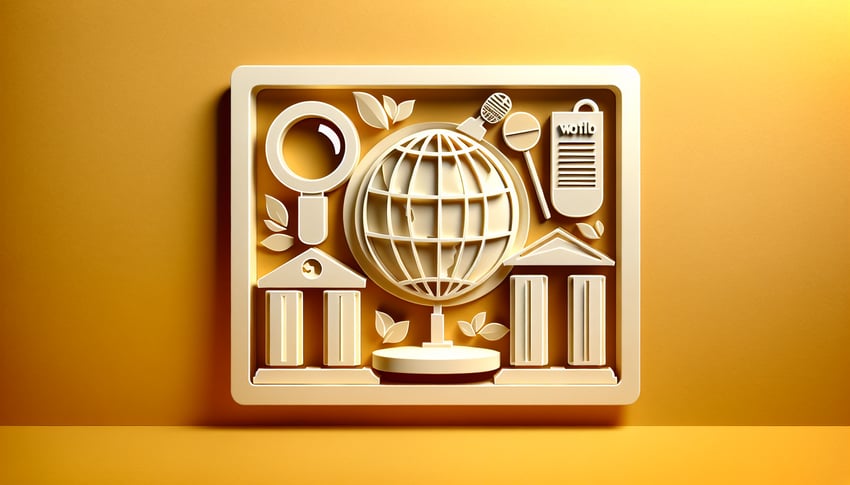 Paper art illustration for a current events quiz on a golden yellow background
