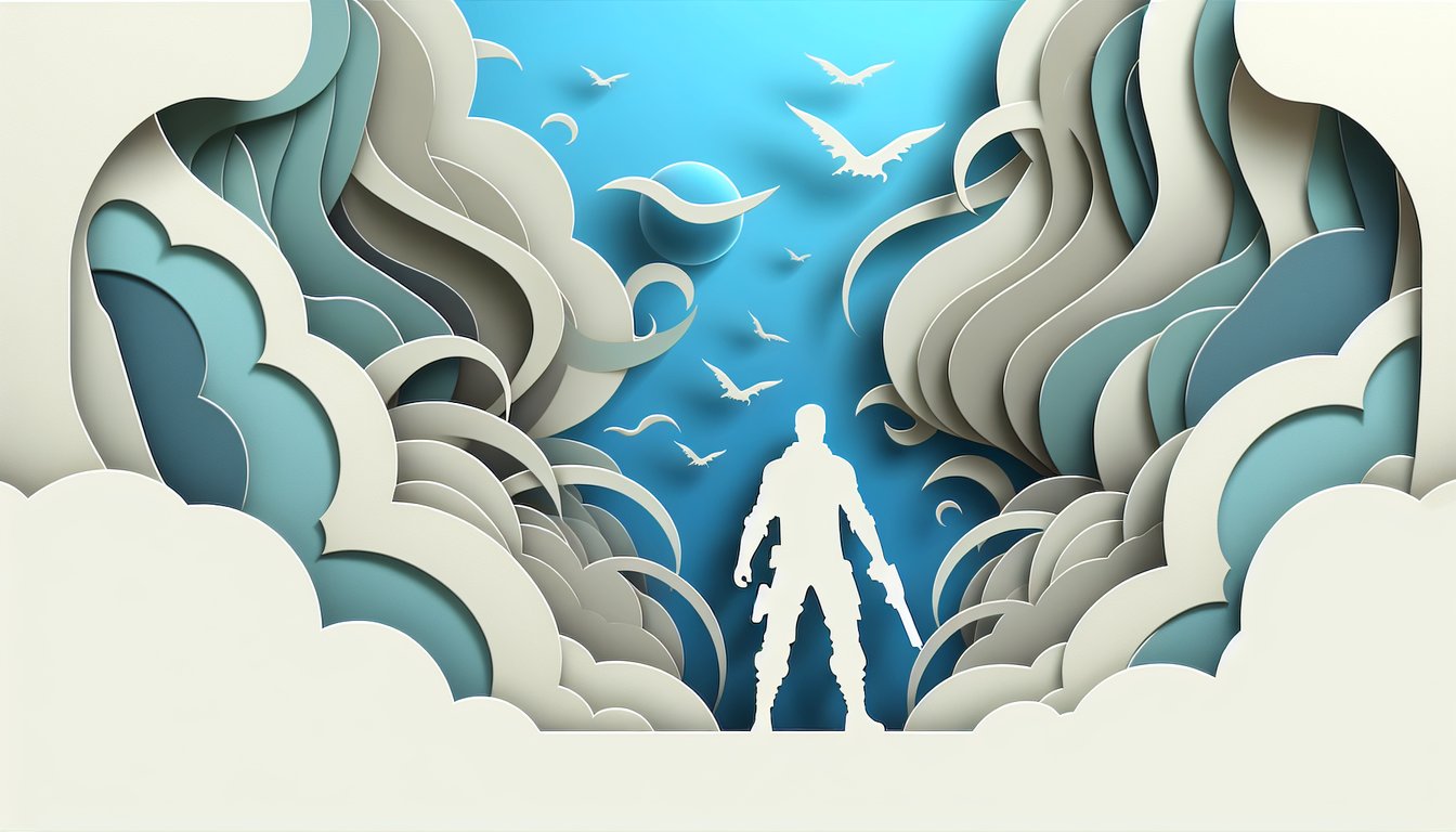 Paper cutout Star Wars icons including lightsaber spaceship stormtrooper helmet quiz challenge banner on sky blue background