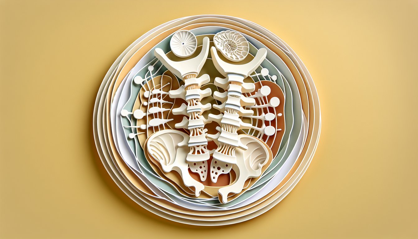 Layered paper cutout of spine and ligaments on golden yellow background for quiz on spinal anatomy trivia
