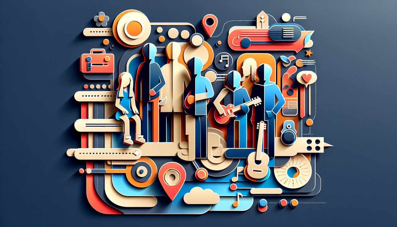 Paper art illustration for One Direction personality match quiz on dark blue background