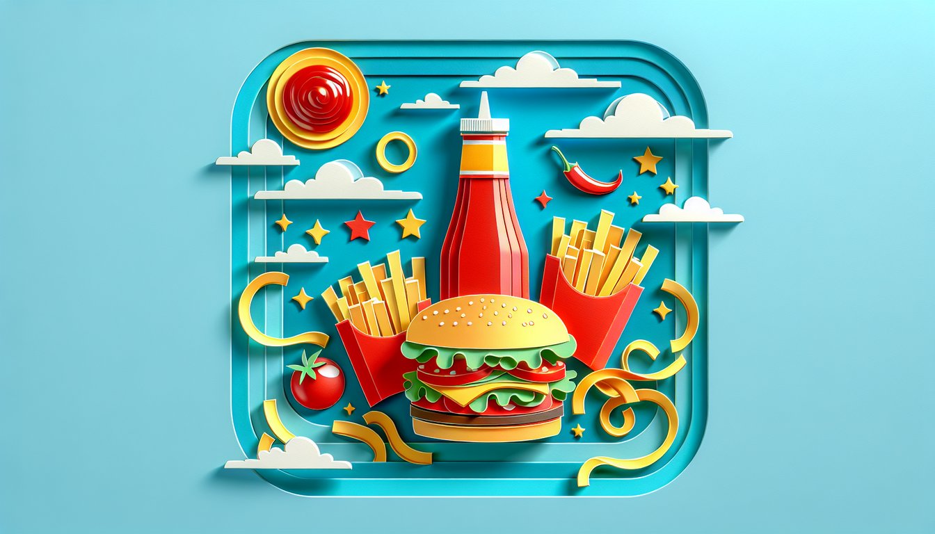 paper art illustration of ketchup bottle and tomato cutouts on sky blue backdrop for savory sweet spicy ketchup trivia quiz