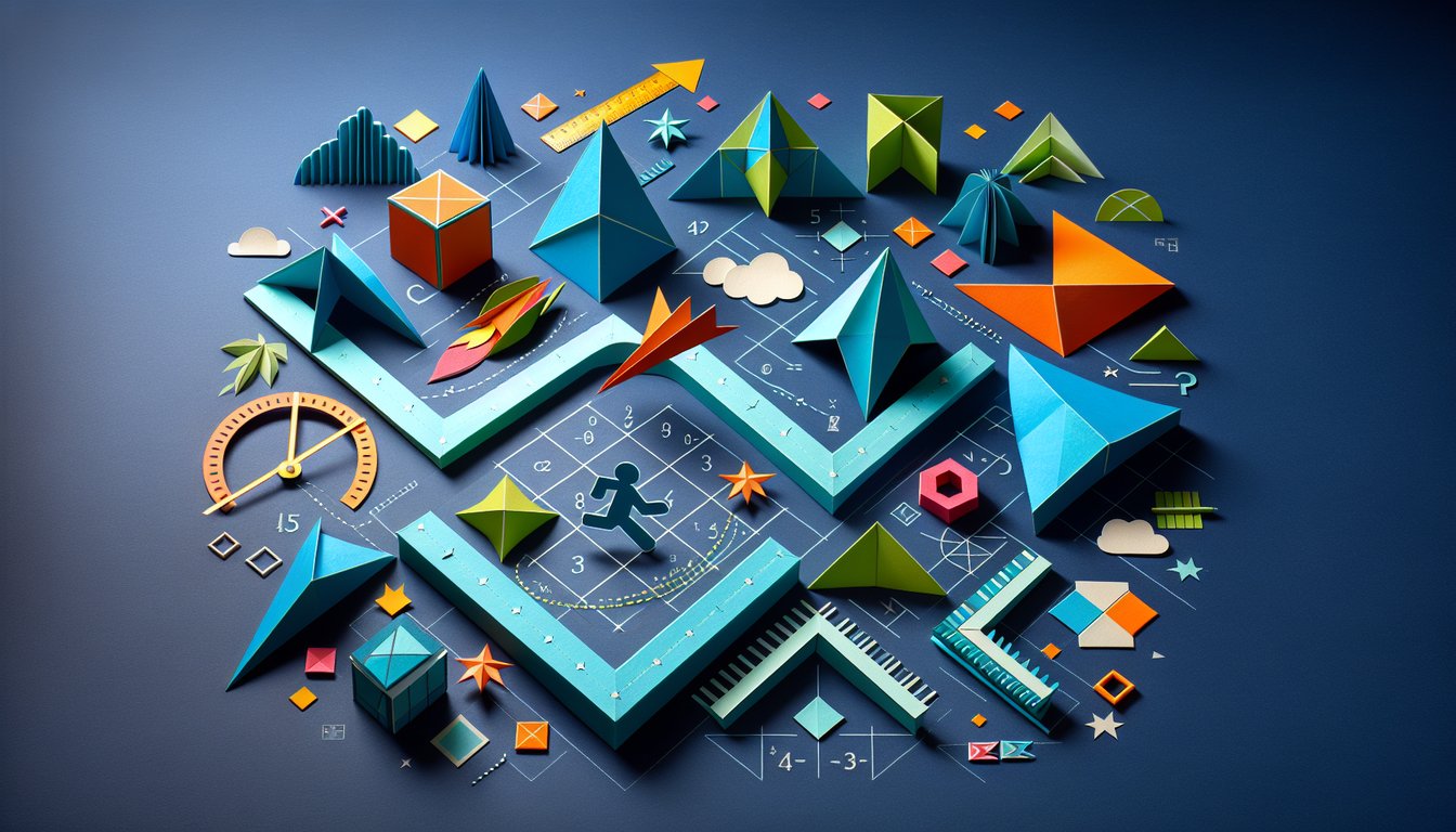 Colorful paper art promoting a geometry trivia quiz for middle school students.