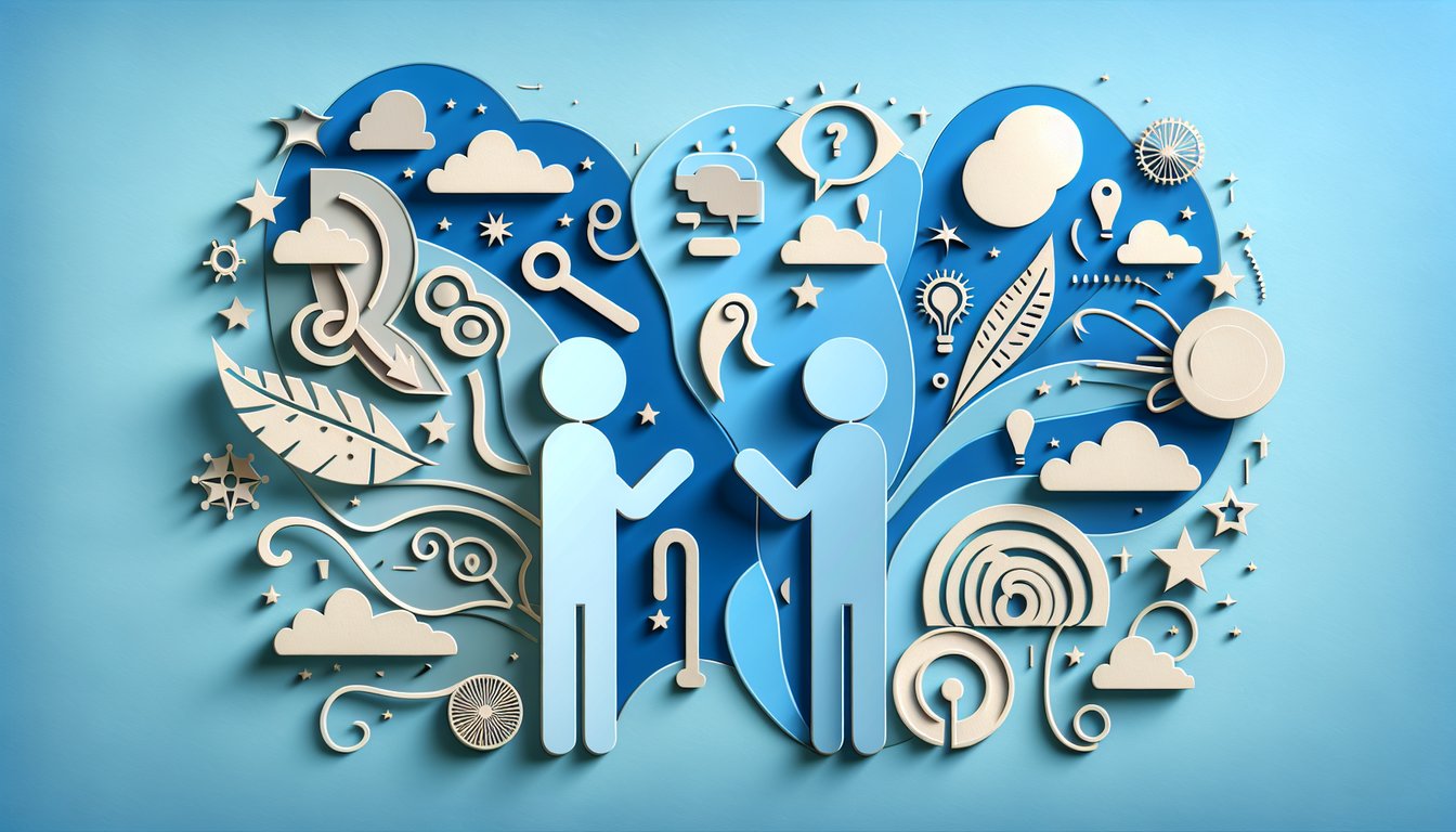Paper art figures sharing speech bubbles beside quiz text on sky blue background.