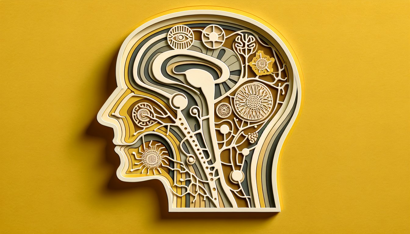 Paper art illustration for cranial nerves quiz on a golden yellow background