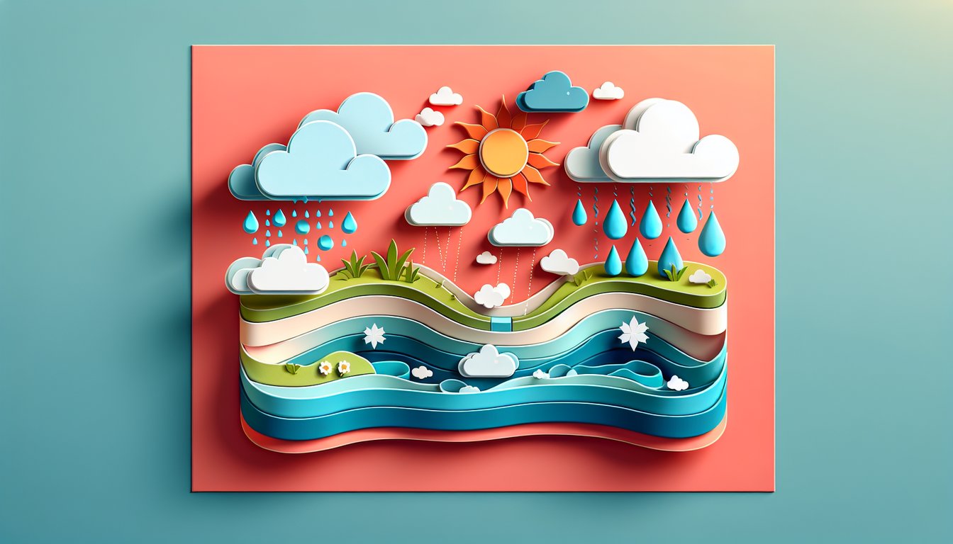 paper art style water cycle illustration with sun clouds rain droplets evaporation condensation arrows on coral background