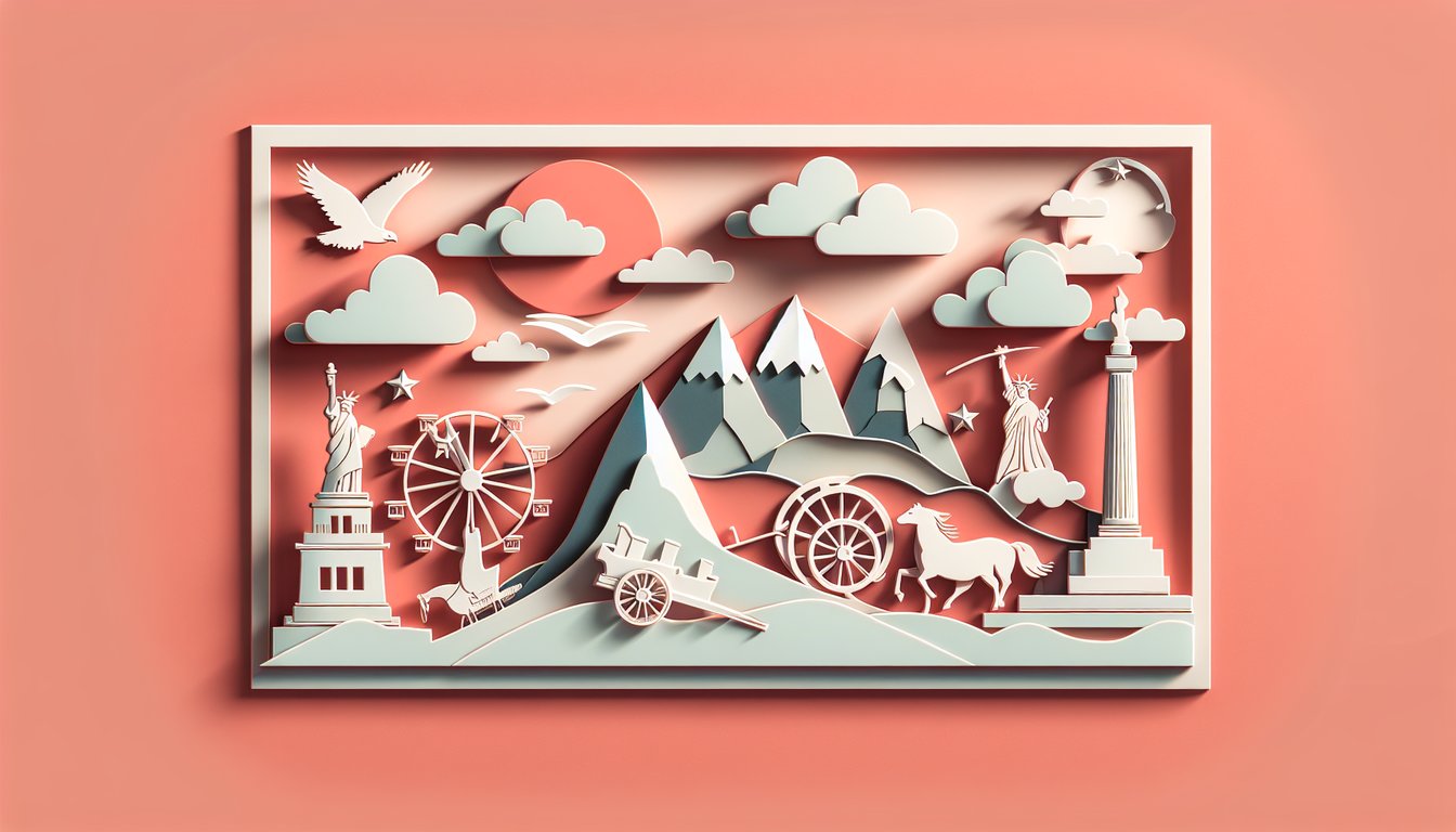 Paper art illustration of early American history quiz featuring colonial icons and quill pen on coral background